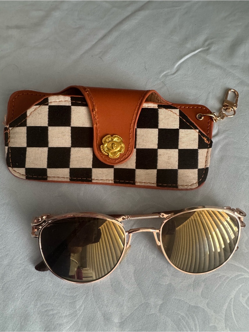 SHEIN Black & White Checkerboard Sunglasses Case with Brown Trim & Gold Snap